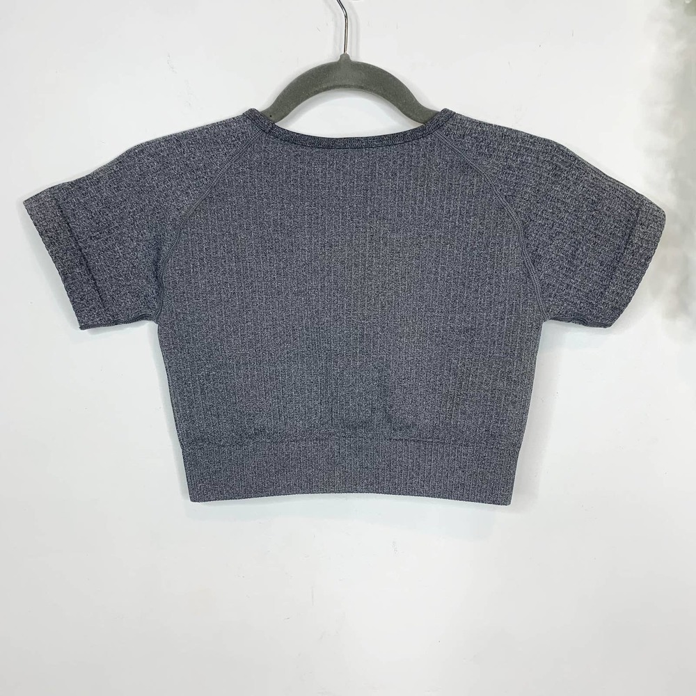 Athleisure crop top compression sports top short sleeves ribbed knit gray - Picture 6 of 6
